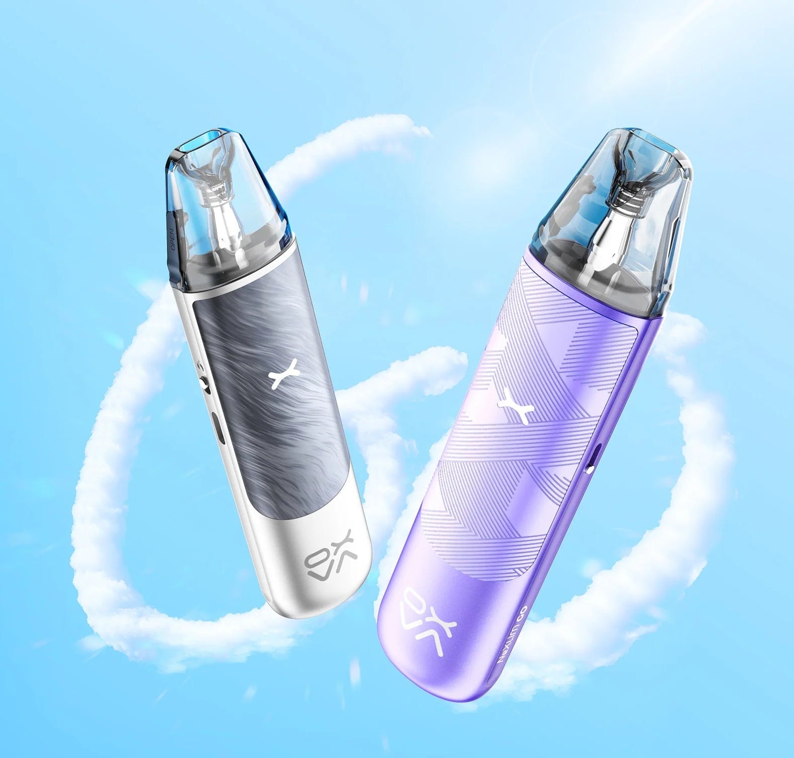 Two Oxva vapes with a blue gradient background