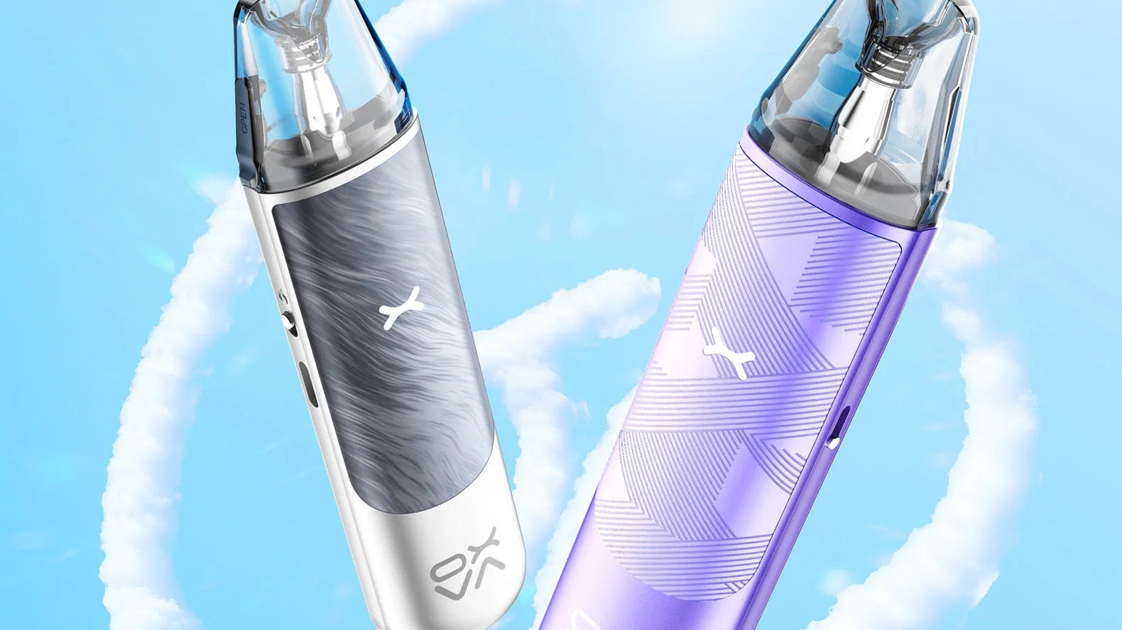 Two Oxva vapes with a blue gradient background